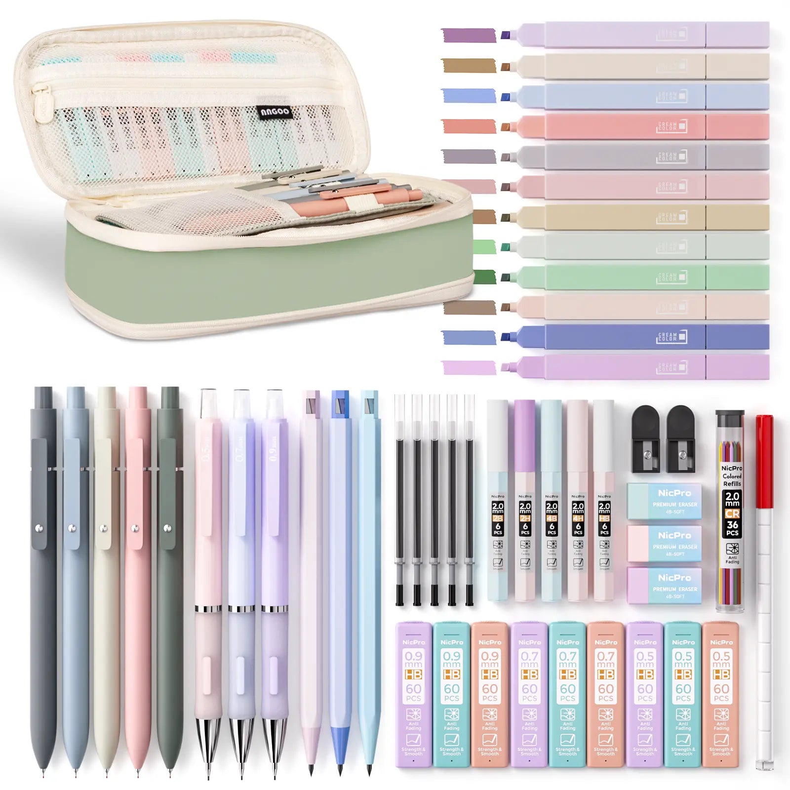 Nicpro 50-Piece Aesthetic Stationery Set with Pen Case - 5 Quick-Dry Retractable Black Ink Pens, 12 Pastel Highlighters, 6 Pastel Mechanical Pencils (0.5-0.7-0.9-2.0 Mm) for Students,Back to School,Back to School Shopping