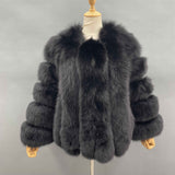 Women's Premium Fluffy Fox Fur Short Coat with Layered Sleeves - Winter Chic Warm Jacket