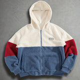 Unisex Trendy Hooded Zip-Up Cardigan with Contrasting Color Block Design, Featuring Letter Embellishments And Textured Plush Fabric That Is Thick, Warm, Soft, And Comfortable, Perfect for Daily Outings, Commuting, Casual Gatherings