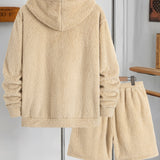 Men's Solid Color Plush Half-Zip Contrast Drawstring English Letter Embroidery Hooded Long Sleeve Sweatshirt and Shorts Set for Casual Fashion, Simple Street Style, Autumn/Winter Two-Piece Set