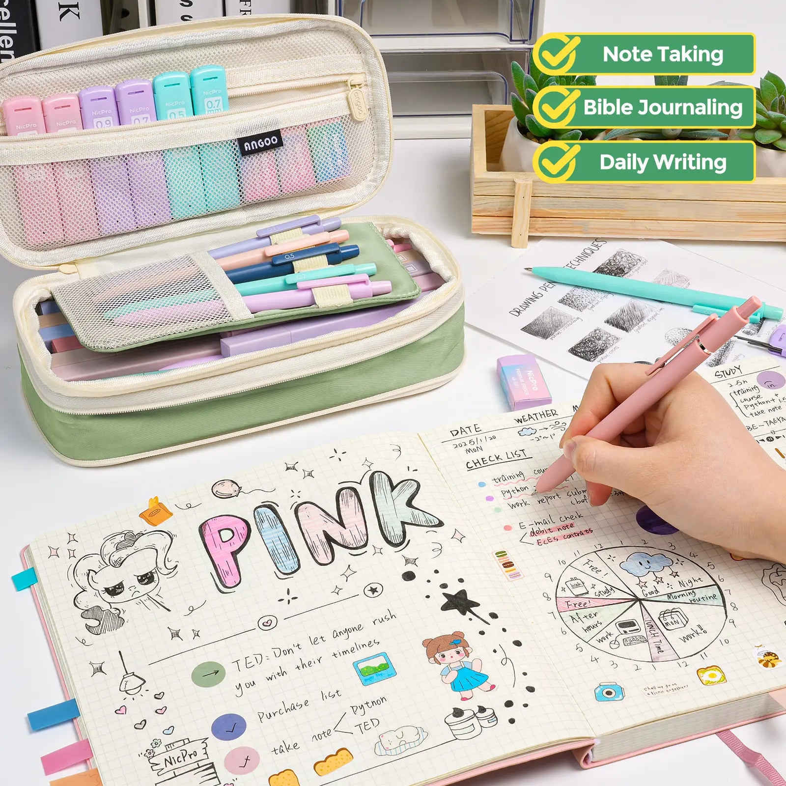 Nicpro 50-Piece Aesthetic Stationery Set with Pen Case - 5 Quick-Dry Retractable Black Ink Pens, 12 Pastel Highlighters, 6 Pastel Mechanical Pencils (0.5-0.7-0.9-2.0 Mm) for Students,Back to School,Back to School Shopping