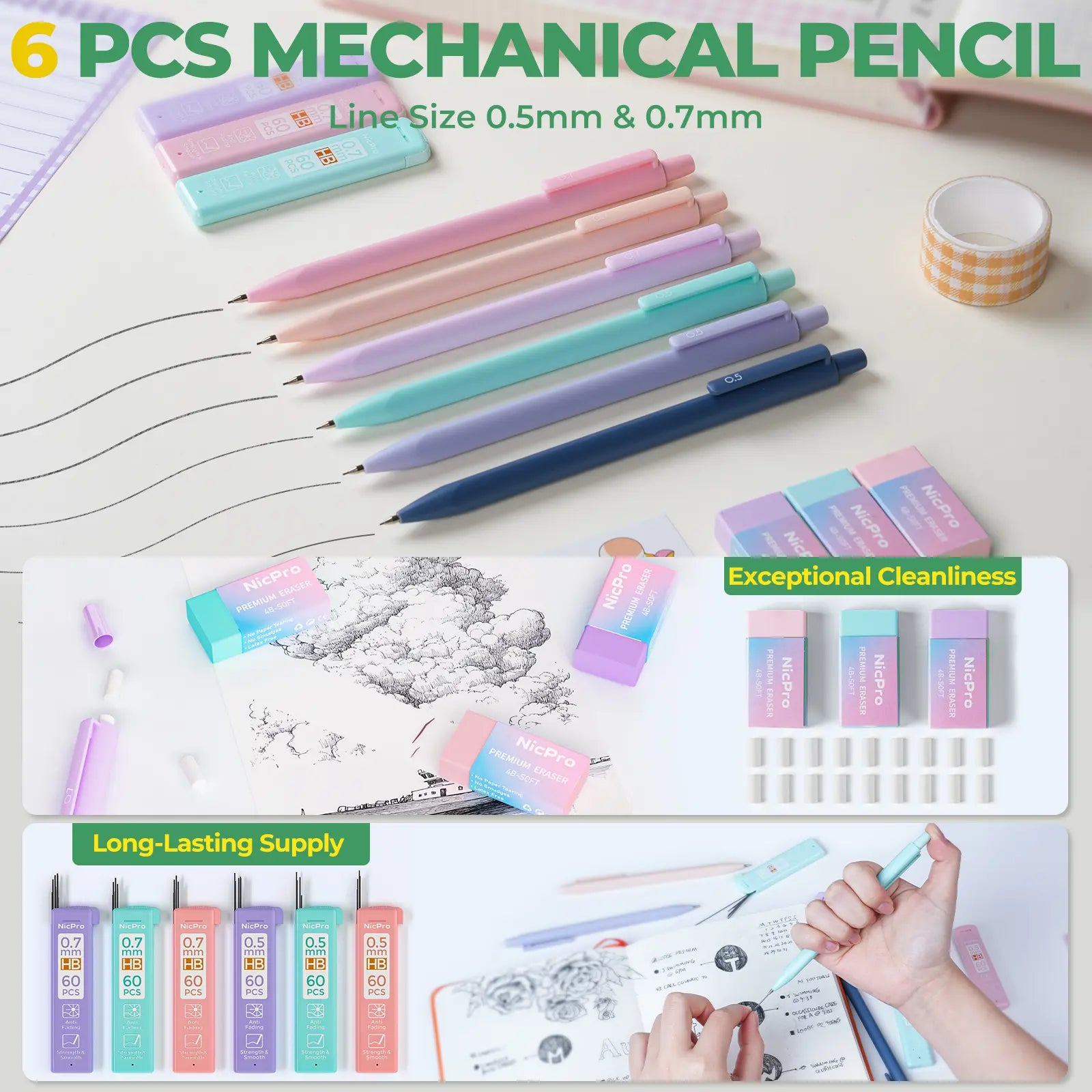Nicpro 50-Piece Aesthetic Stationery Set with Pen Case - 5 Quick-Dry Retractable Black Ink Pens, 12 Pastel Highlighters, 6 Pastel Mechanical Pencils (0.5-0.7-0.9-2.0 Mm) for Students,Back to School,Back to School Shopping
