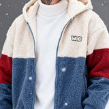 Unisex Trendy Hooded Zip-Up Cardigan with Contrasting Color Block Design, Featuring Letter Embellishments And Textured Plush Fabric That Is Thick, Warm, Soft, And Comfortable, Perfect for Daily Outings, Commuting, Casual Gatherings