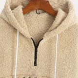 Men's Solid Color Plush Half-Zip Contrast Drawstring English Letter Embroidery Hooded Long Sleeve Sweatshirt and Shorts Set for Casual Fashion, Simple Street Style, Autumn/Winter Two-Piece Set