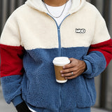 Unisex Trendy Hooded Zip-Up Cardigan with Contrasting Color Block Design, Featuring Letter Embellishments And Textured Plush Fabric That Is Thick, Warm, Soft, And Comfortable, Perfect for Daily Outings, Commuting, Casual Gatherings