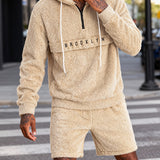 Men's Solid Color Plush Half-Zip Contrast Drawstring English Letter Embroidery Hooded Long Sleeve Sweatshirt and Shorts Set for Casual Fashion, Simple Street Style, Autumn/Winter Two-Piece Set