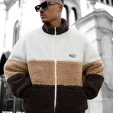 Unisex Trendy White Khaki Brown Contrast Stand Collar Double Pocket Zipper Plush Jacket, Thick Warm Soft Comfortable Fabric for Daily Commute, Shopping, Casual Outings, and Social Gatherings, New Autumn/Winter Long Sleeve Plush Coat