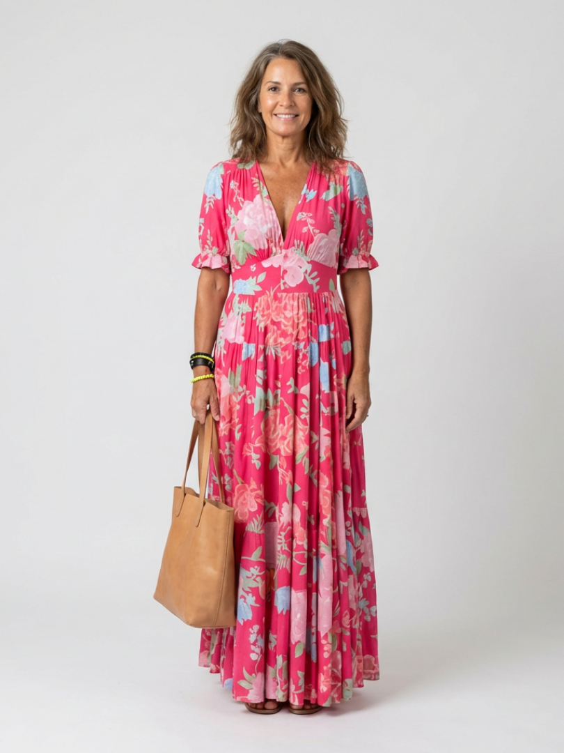 Woman wearing a pink floral short-sleeve V-neck midi dress holding a tan leather tote bag.