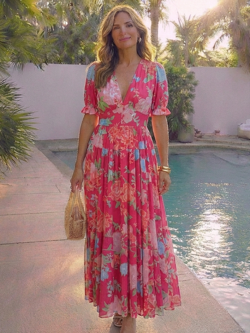 Pink floral V-neck midi dress with short puff sleeves, tiered skirt, and lightweight fabric.