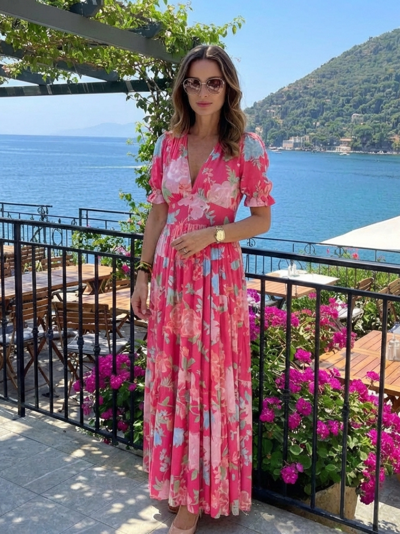 Pink V-neck midi dress with short sleeves and a blue and pink floral print.