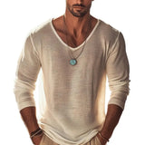 Men Shirt Long Sleeve V-neck Solid Color Casual Loose Spring Summer Pullover Tops Men's T-shirt Long Sleeved