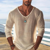 Men Shirt Long Sleeve V-neck Solid Color Casual Loose Spring Summer Pullover Tops Men's T-shirt Long Sleeved