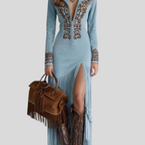 Brigita - Izvezena Maxi Haljina Od Umjetne Brušene Kože S Polovičnim Patentom