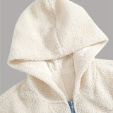 Unisex Trendy Hooded Zip-Up Cardigan with Contrasting Color Block Design, Featuring Letter Embellishments And Textured Plush Fabric That Is Thick, Warm, Soft, And Comfortable, Perfect for Daily Outings, Commuting, Casual Gatherings