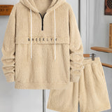 Men's Solid Color Plush Half-Zip Contrast Drawstring English Letter Embroidery Hooded Long Sleeve Sweatshirt and Shorts Set for Casual Fashion, Simple Street Style, Autumn/Winter Two-Piece Set