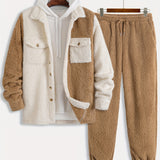 This Is a New Winter Casual Two-Piece Set for Men, Featuring a Soft And Plush Fabric with a Stylish Design. It Includes Contrasting Buttons And a Easy Chest Pocket, Making It Perfect for Home Relaxation Or Outings