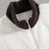 Unisex Trendy White Khaki Brown Contrast Stand Collar Double Pocket Zipper Plush Jacket, Thick Warm Soft Comfortable Fabric for Daily Commute, Shopping, Casual Outings, and Social Gatherings, New Autumn/Winter Long Sleeve Plush Coat