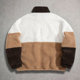 Unisex Trendy White Khaki Brown Contrast Stand Collar Double Pocket Zipper Plush Jacket, Thick Warm Soft Comfortable Fabric for Daily Commute, Shopping, Casual Outings, and Social Gatherings, New Autumn/Winter Long Sleeve Plush Coat