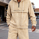 Men's Solid Color Plush Half-Zip Contrast Drawstring English Letter Embroidery Hooded Long Sleeve Sweatshirt and Shorts Set for Casual Fashion, Simple Street Style, Autumn/Winter Two-Piece Set