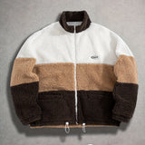 Unisex Trendy White Khaki Brown Contrast Stand Collar Double Pocket Zipper Plush Jacket, Thick Warm Soft Comfortable Fabric for Daily Commute, Shopping, Casual Outings, and Social Gatherings, New Autumn/Winter Long Sleeve Plush Coat