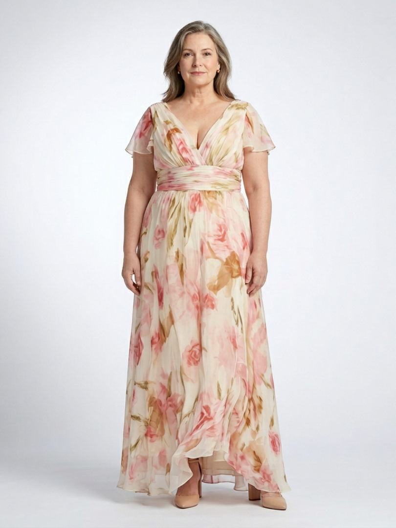Woman wearing a V-neck, short-sleeve maxi dress in cream chiffon with a pink and brown watercolor floral print.