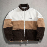 Unisex Trendy White Khaki Brown Contrast Stand Collar Double Pocket Zipper Plush Jacket, Thick Warm Soft Comfortable Fabric for Daily Commute, Shopping, Casual Outings, and Social Gatherings, New Autumn/Winter Long Sleeve Plush Coat