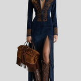 Brigita - Izvezena Maxi Haljina Od Umjetne Brušene Kože S Polovičnim Patentom