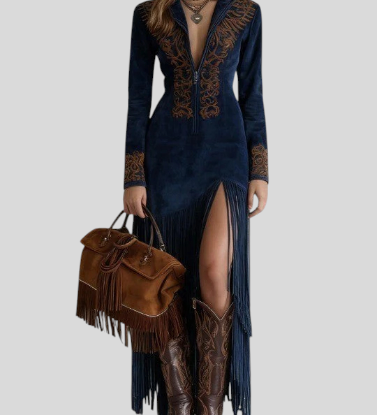 Brigita - Izvezena Maxi Haljina Od Umjetne Brušene Kože S Polovičnim Patentom