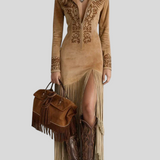 Brigita - Izvezena Maxi Haljina Od Umjetne Brušene Kože S Polovičnim Patentom