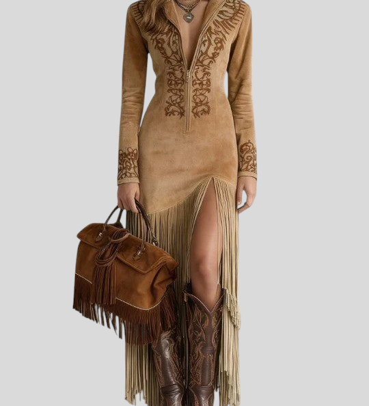 Brigita - Izvezena Maxi Haljina Od Umjetne Brušene Kože S Polovičnim Patentom